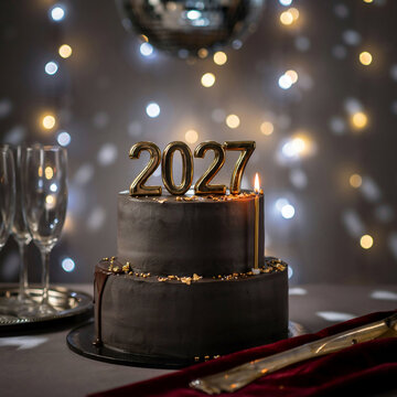 New year's cake with 2027 on top and candles lit
