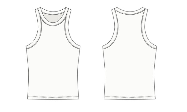 white t shirt. Technical sketch of a white tank top, isolate. Template for a sleeveless tank top with deep armholes. Sketch of a basic tank top with stitching, front and back view. 