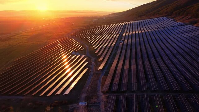 Sunset glow reflecting on solar farm hillside, Bulgaria. Drone view of sweeping panel array with sun reflecting off modules, orange horizon, mountain silhouette and rural valley below.
