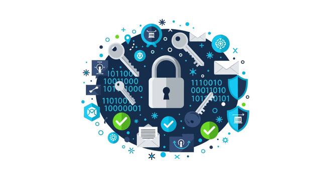 Cyber Security and Data Protection Concept Illustration with Padlock, Keys, Binary Code and Shield Icons
