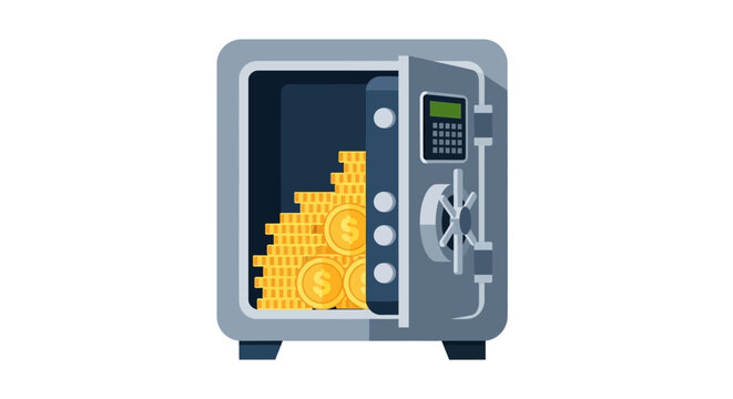 Open Metal Safe Vault with Stacks of Gold Coins Illustration, Concept for Financial Security and Wealth Growth