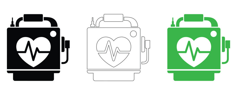 Defibrillator Icons Set, Vector Illustration of Medical AED Device Symbols for Healthcare, First Aid and Emergency Rescue Graphic Design