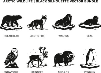 Obraz premium Vector silhouettes of arctic wildlife including polar bear, arctic fox, walrus, seal, snowy owl, reindeer, musk ox, and penguin