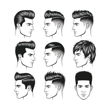 Collection of nine diverse men's hairstyles illustrated in black and white, showcasing various modern and classic haircuts for different male profiles.