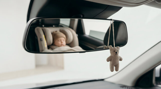 Sleeping baby in rear facing car seat reflected in vehicle rearview mirror with hanging teddy bear