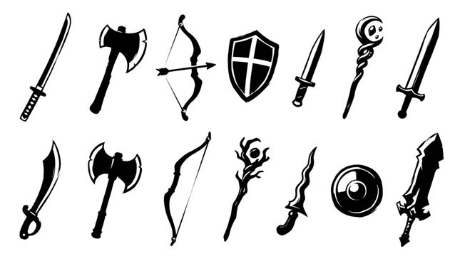 Medieval warriors display swords, bows, and shields in a battle scene.
