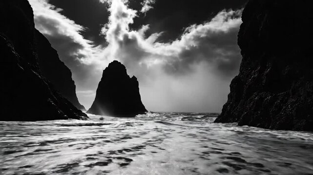 Dramatic black and white ocean scene with rocky cliffs and sea stack under cloudy sky and crashing waves