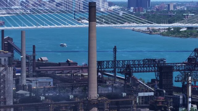 Zug Island, Aerial View of Detroit Industrial Waterfront and Factories