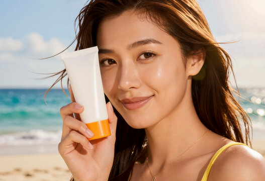 Donna asiatica in spiaggia con crema solare estiva