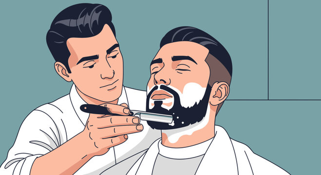 Man Giving Beard Trim with Electric Razor Illustration