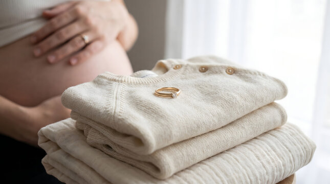 Pregnant woman gently touching her belly beside neatly folded baby clothes and a wedding ring