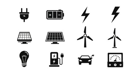 Fototapeta premium Energy source icons set electricity and renewable power silhouette on transparent background