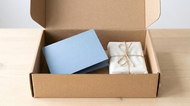 Open cardboard box containing a blue card and a white gift wrapped with twine