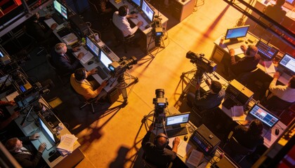 Obraz premium Control Room Operations: A high-angle view reveals a bustling control room, where technicians monitor multiple screens and operate complex machinery.