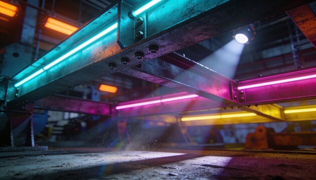 Industrial Glow: Vibrant neon lights in cyan, magenta, and yellow illuminate the interior of an industrial space, casting dramatic shadows and creating a cyberpunk-inspired atmosphere.