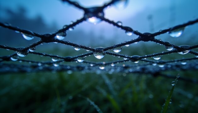 Morning Dew on a Net: Crystal clear water droplets cling to a fine mesh net, glistening like jewels in the soft morning light, with a blurry green landscape in the background.