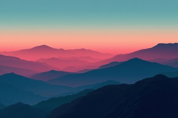Obraz premium Misty mountain range at dawn with layered blue and pink hills fading into distance creating atmospheric perspective view.