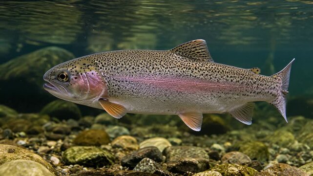 Rainbow trout swimming underwater above river stones, freshwater wildlife, fishing and aquatic ecosystem concept.