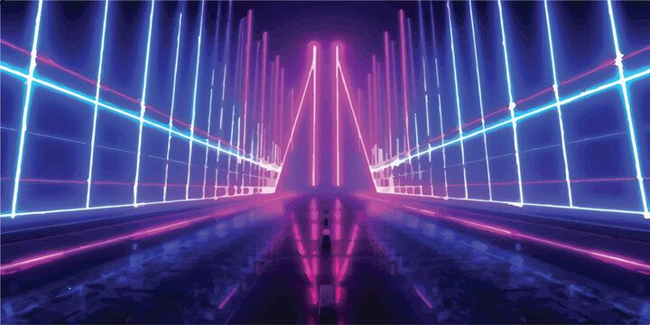 Abstract glowing neon light tunnel with vertical pink and blue laser lines in perspective sci fi abstract perspective vertical futuristic synthwave background technology illumination