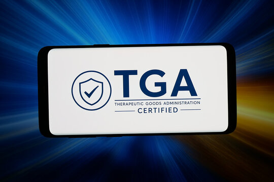 Stuttgart, Germany - 06-05-2026: In this photo illustration, the logo of Therapeutic Goods Administration (TGA) is displayed on a smartphone in front of abstract background on computer screen.