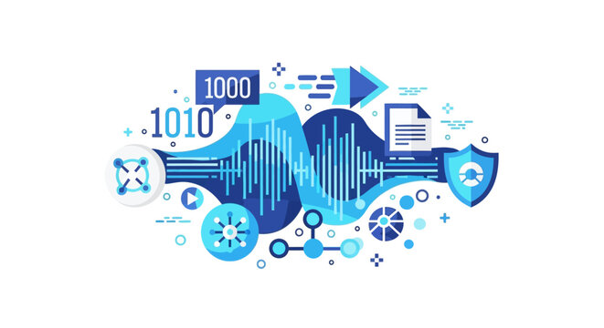 Abstract Digital Data Processing and Cyber Security Illustration with Binary Code, Network Nodes, and Secure Information Flow Concept
