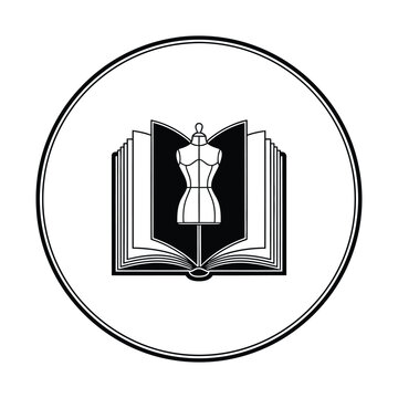 Black and white illustration of an open book with a tailor's mannequin on its pages, symbolizing fashion education and design knowledge.