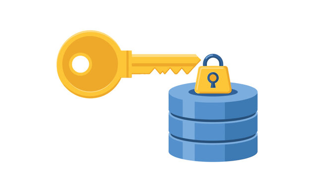 Database Security and Encryption Illustration with Gold Key and Padlock for Information Protection and Cyber Access