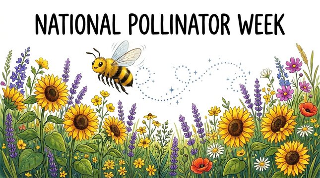 Pollinator in a vibrant flower garden during National Pollinator Week, sunny and lively scene