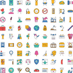 Fototapeta premium Set of colorful outline icons illustrating various themes and subjects, depicting business, lifestyle, health, food, and modern technology concepts for web and print applications