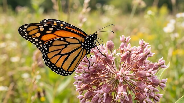Monarch butterfly resting on common milkweed in a meadow