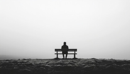 Obraz premium Solitary man sitting on a park bench facing white mist, minimalist black and white view