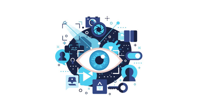 Abstract Digital Surveillance and Privacy Concept Illustration with Human Eye and Media Monitoring Icons