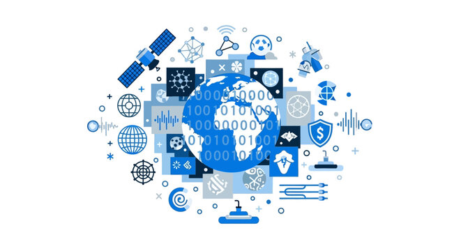 Global Digital Technology Network Illustration with Binary Code Globe, Satellite, and Communication Icons on White Background