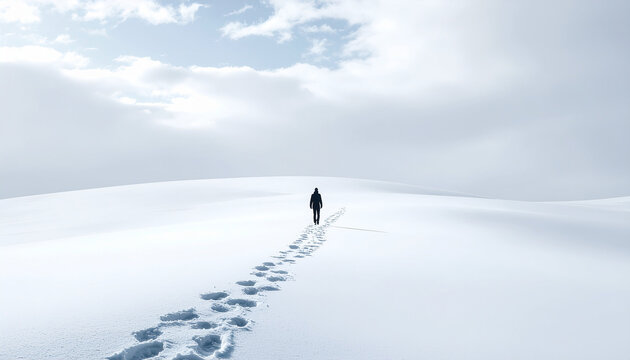 Solitary person trekking across a frozen white snowfield in a wide landscape photo