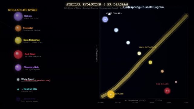 Stellar Evolution Animation Showing Star Life Cycle From Nebula to Main Sequence and Final Stages