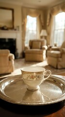 Fototapeta premium Vintage teacup with floral pattern on silver tray in elegant living room with upholstered furniture, fireplace and natural light from windows. Interior design and home decor.