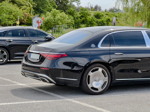 June 3, 2026, Gangneung, South Korea - A black Mercedes-Benz Maybach S 580 luxury sedan parked in an outdoor lot.