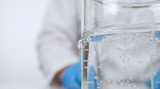 Close up of liquid droplet falling from a laboratory beaker with bubbles in clear solution
