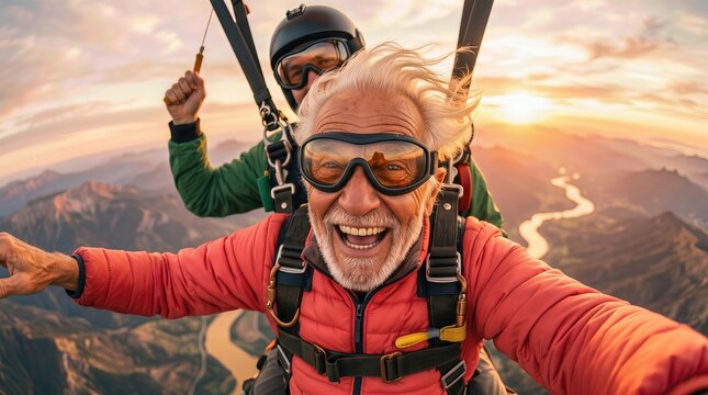 Senior male skydiver with white hair and glasses smiles widely while tandem paragliding with instructor over scenic mountain landscape at sunset