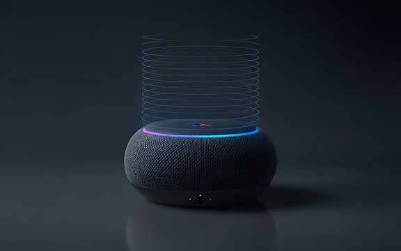 Round black smart speaker with a glowing multi-colored LED ring on and abstract blue sound waves emanating upwards against a dark gray background, symbolizing wireless connectivity and digital