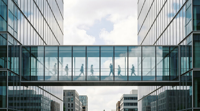 People walking across a glass skybridge connecting modern office buildings in an urban setting