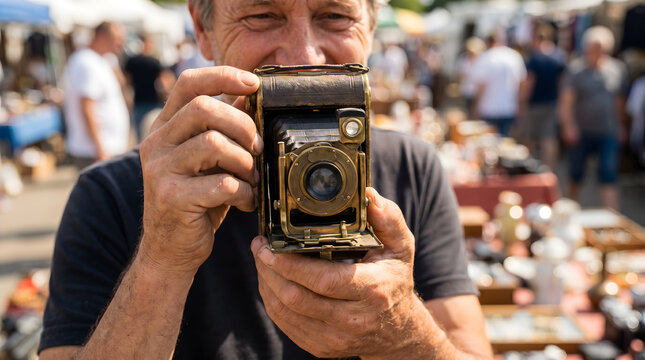 Elderly man holding a vintage folding camera while preparing to take a photograph