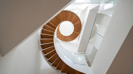 Fototapeta premium Spiral wooden staircase in white interior space captured from overhead perspective
