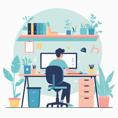 Naklejka premium Man working on computer at desk in home office with plants.