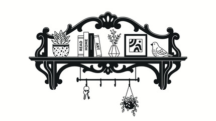 Decorative black metal wall shelf with hanging objects. © Silfia