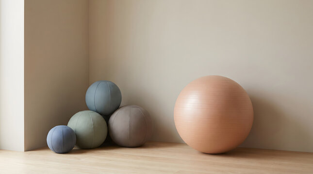 Multiple colored exercise balls arranged in a corner on wooden floor with soft lighting and minimalist interior design