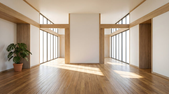 Spacious and bright interior space with natural wood finishes and minimalist design
