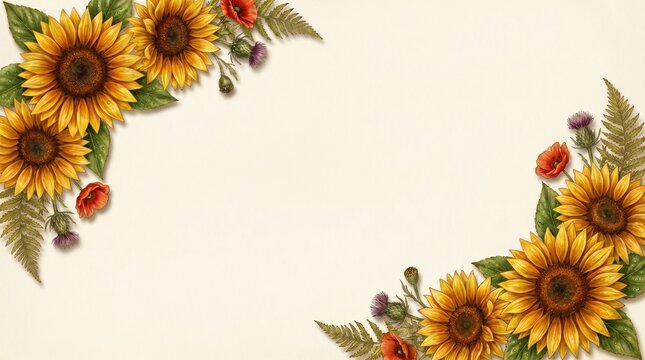 Elegant sunflower and poppy floral corner border background