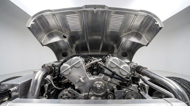 High performance car engine bay with polished metal components and intricate mechanical details