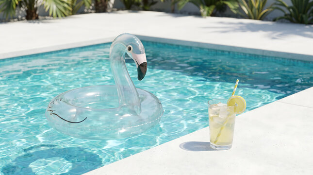 Transparent flamingo inflatable float beside swimming pool with lemon drink and ice